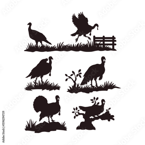 Six black turkey silhouettes in various outdoor scenes