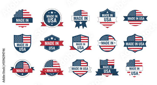 Collection of authentic american manufacturing labels and seals representing quality craftsmanship
