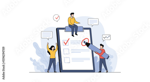 Team members actively completing tasks on a large checklist document demonstrating project management success and teamwork