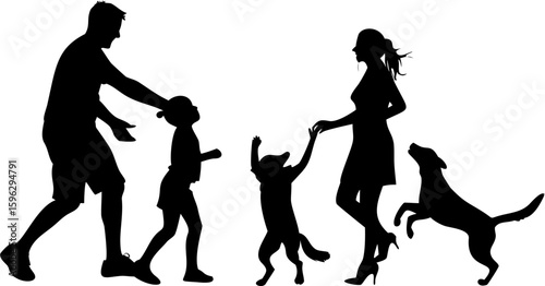Silhouette of a family playing with their dogs in a park on a sunny day outdoors showing happiness
