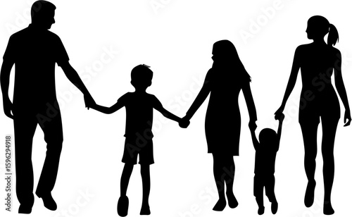 Silhouette illustration of a family of five holding hands and walking together on a white background