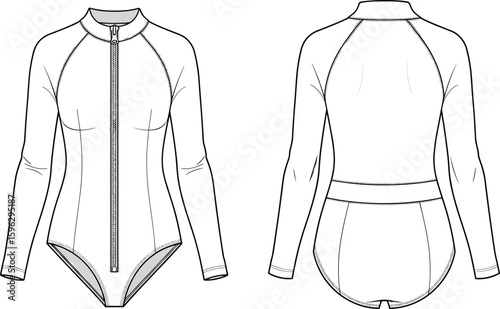 Women’s long sleeve zip front swimsuit flat sketch, fashion technical bodysuit, rash guard design, vector apparel cad illustration