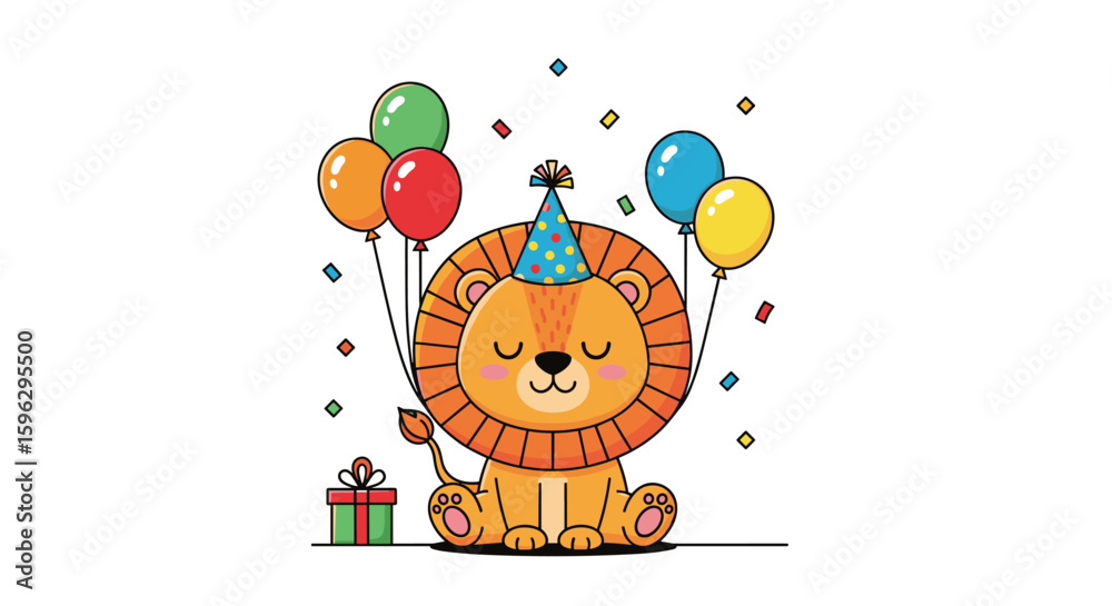 Obraz premium Adorable cartoon lion cub wearing party hat enjoying birthday celebration surrounded by balloons and gifts
