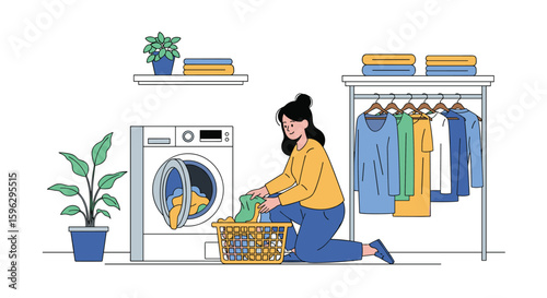 A woman loads laundry into washing machine preparing clothes for washing cycle at home