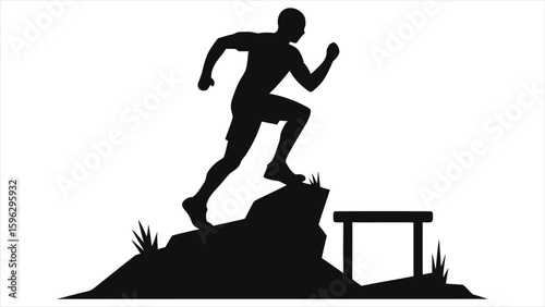 Black Silhouette Man Running on Hill Towards Obstacle Course Vector
