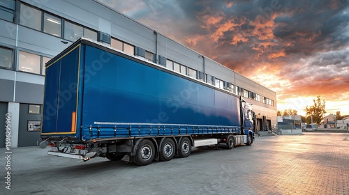 A long blue semi-trailer truck is parked near a warehouse, ready for cargo transport against an orange sunset sky. Supply chain in action.