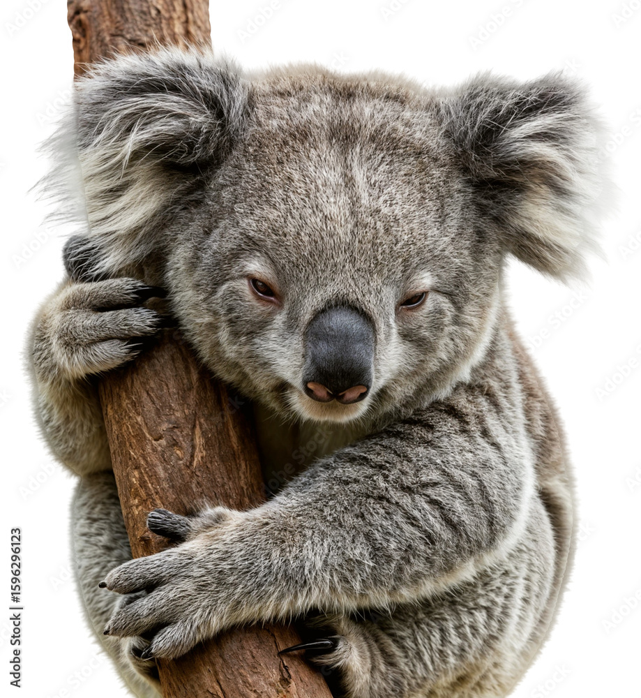Obraz premium a sleepy koala bear, Phascolarctos cinereus, hugging a tree branch