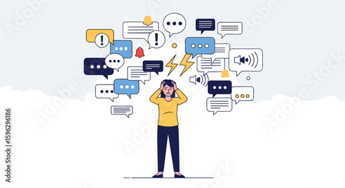 Overwhelmed person experiencing information overload caused by many digital communications and notifications