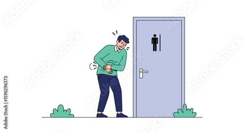 Man feeling urgent need to use the restroom clutching his stomach in pain at the bathroom door