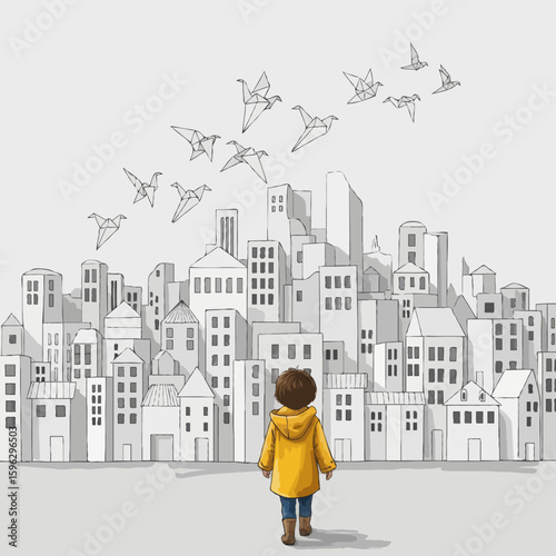 Child walking towards city with origami birds flying above it