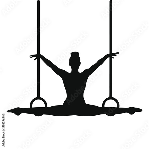 Flexible Black Silhouette Gymnast on Rings Doing Splits Vector