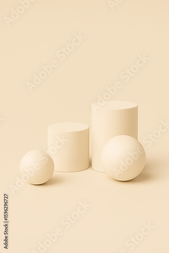 Minimalist composition with beige spheres and cylinders on neutral background showcasing clean geometric design
