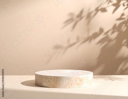 A minimalist, neutral-toned scene featuring a stone pedestal with leaf shadows.