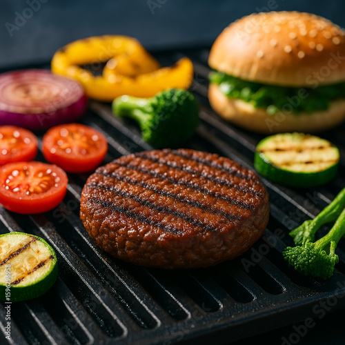 Grilled plant-based burger patty with fresh vegetables and sandwich bun promoting vegan and healthy eating
