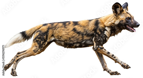 a running african wild dog, Lycaon pictus, with unique spotted fur