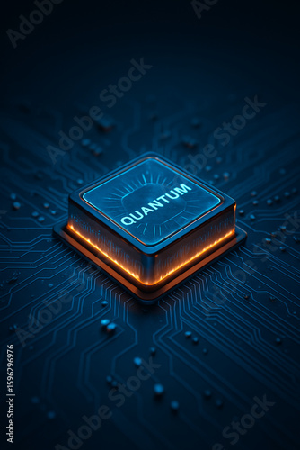 Futuristic glowing quantum processor chip on circuit board representing advanced digital and computing technology
