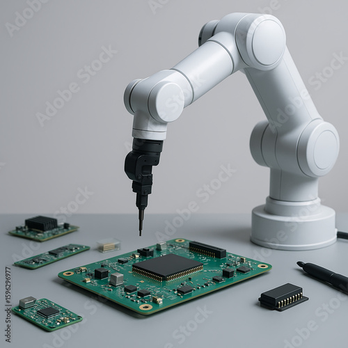Robotic arm assembling electronic circuit boards representing advanced manufacturing and automation technology

