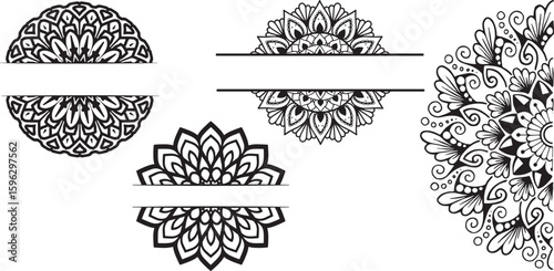 Ornate Half Mandala & Split Mandala Designs - Black & White Floral & Geometric Patterns