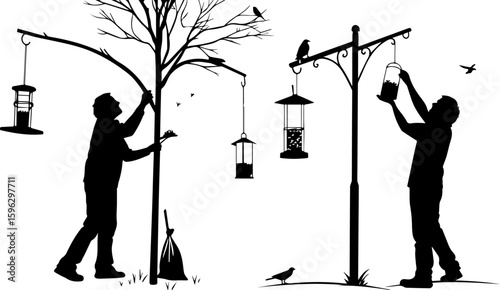 People Filling Bird Feeders in Garden Silhouette Set