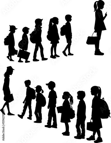 Children Students Walking in Line with Teacher Silhouette Set