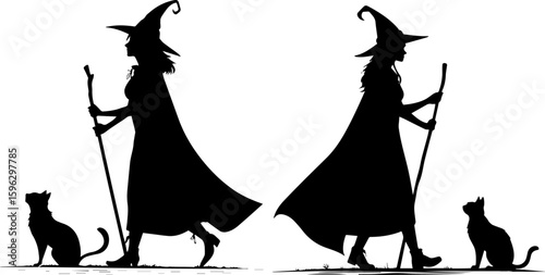 Witch with Black Cat and Staff Silhouette Set
