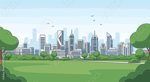 Pixel art cityscape panorama with lush green park and blue sky background