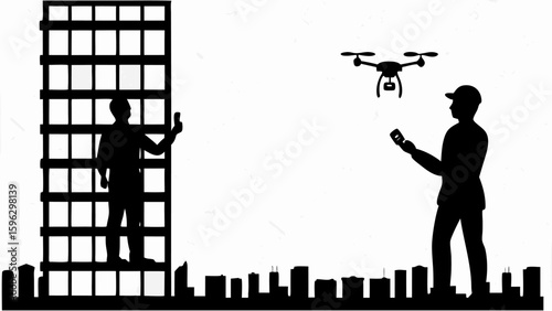 Silhouette of two men with a drone against a cityscape and a building with many window panes