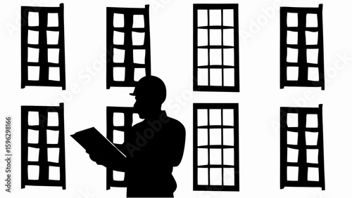 Silhouette of a person in a hard hat holding a document surrounded by window pane illustrations