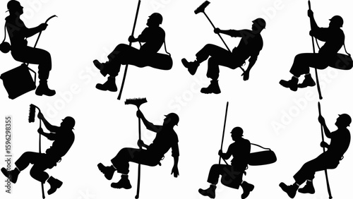 Silhouettes of chimney sweeps in various poses using tools and ropes against a white background design