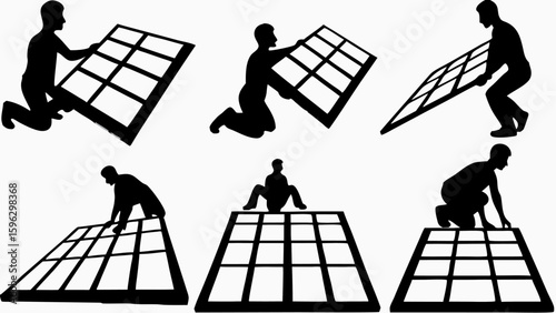 Silhouettes of people installing or working with a large grid structure in various positions and angles