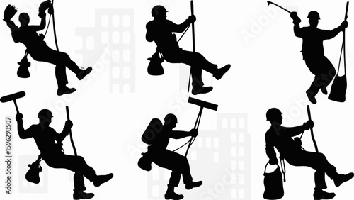 Silhouette illustration of window cleaners hanging from ropes with cleaning equipment on a white background