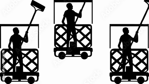Three silhouettes of men on platforms using tools to clean or work on overhead surfaces seen from afar