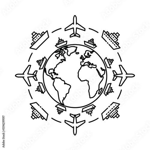 Global Business Icon with Airplanes and Ships Surrounding Earth  