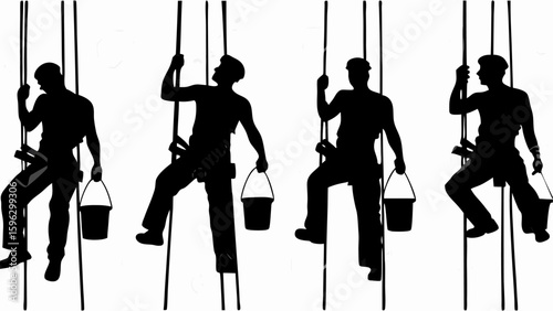 Silhouettes of four window washers ascending ropes with buckets in a monochrome composition style image