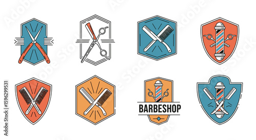 Collection of vintage barber shop emblems featuring scissors straight razors brushes and pole designs