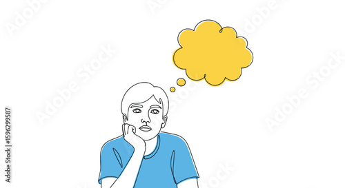 Illustrative sketch of a thoughtful person with a yellow speech bubble above their head