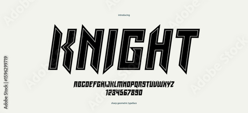 Sharp and bold gothic font for logo creation of for headlines, edgy geometric modern vector typeface, heavy metal and hard rock style alphabet with numbers, italic version.