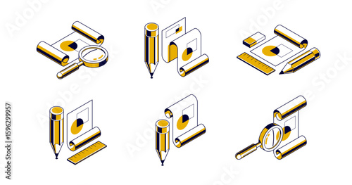Engineering project concept, paper document blueprint with pencil engineer work job vector 3D isometric illustration, abstract plan drawing, cad scheme icon.