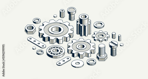 Invention renovation and development concept, gears and cogs composition isometric 3D vector illustration, technology theme, machinery and engine creation.