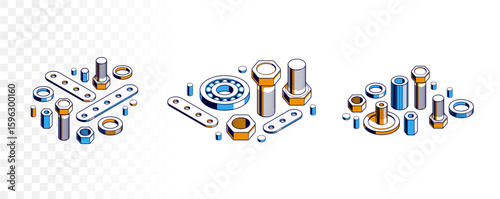 Bolts and nuts vector 3D isometric set, repair and maintenance service concept.