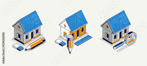 House project concept set, 3D isometric vector illustration of a small house building project, construction architectural model, residential family small house.