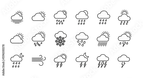 Simple line art icons depicting various weather conditions.