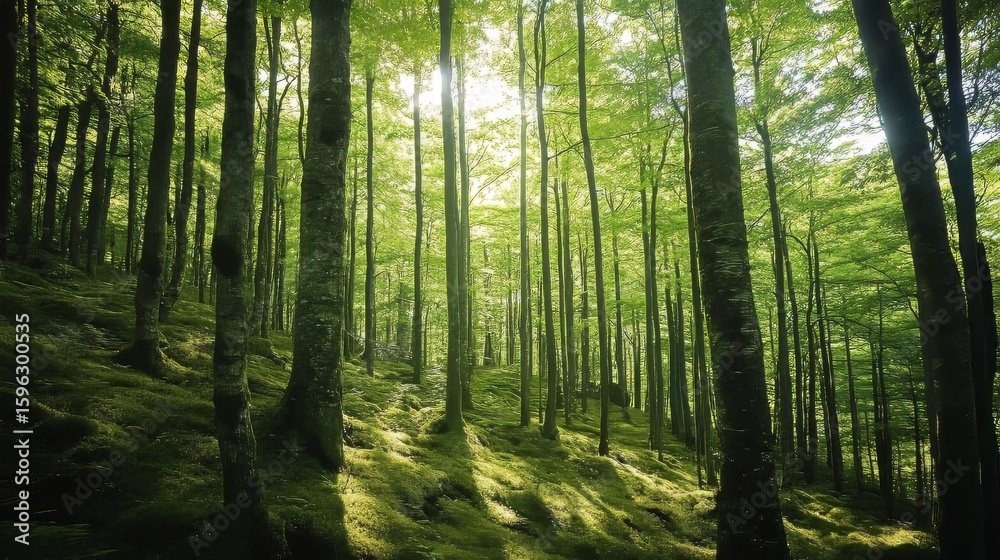 Obraz premium Panorama of a green summer forest with clear skies
