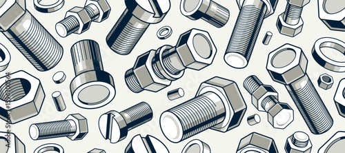 Bolts and nuts seamless background, repair and maintenance workshop tiling wallpaper, mechanic technics service endless pattern, elements easy to use separately.