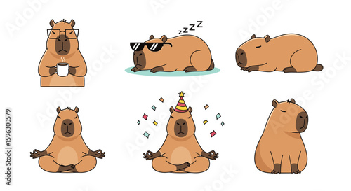 Cute capybara characters in various relaxed poses and activities featuring relaxed rodents and chill vibes