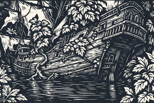 A mysterious old shipwrecked galleon, overgrown with jungle vines by a river. Dramatic vector illustration in a vintage woodcut or linocut style.