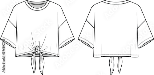 Flat cad drawing of short sleeve tie front crop top, back and front view, fashion sketch, vector illustration, clothing template