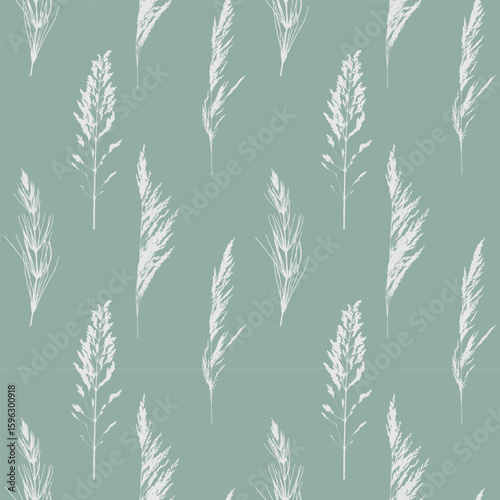 Pattern with cereal meadow grasses. Meadow bluegrass, Calamagrostis acutiflora. White silhouettes of twig prints on soft pastel background.
