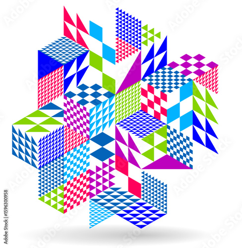 Abstract vector wallpaper with 3D isometric cubes blocks, geometric construction with blocks shapes and forms, cubic polygonal low poly theme.