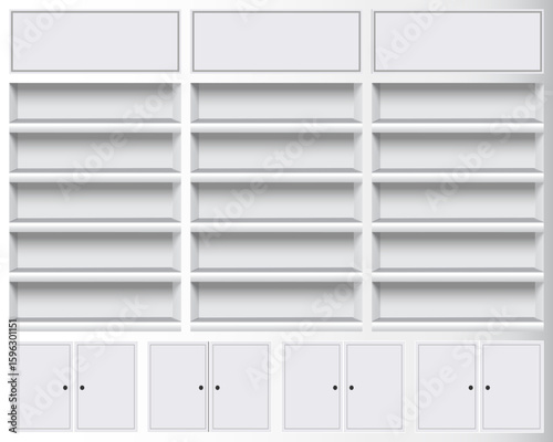 A clean, white wall cabinet with three sections of open shelves and lower storage compartments with closed doors, ideal for books, retail displays, or home organization.